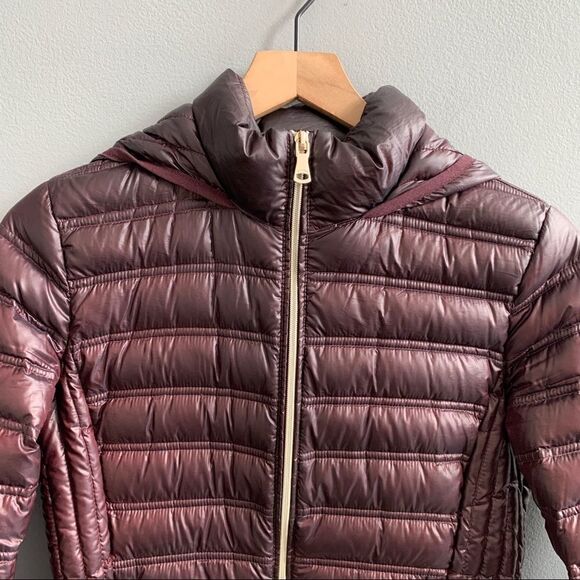 CALVIN KLEIN Hooded Packable Premium Down Puffer Coat Eggplant Wine XS - Picture 4 of 15